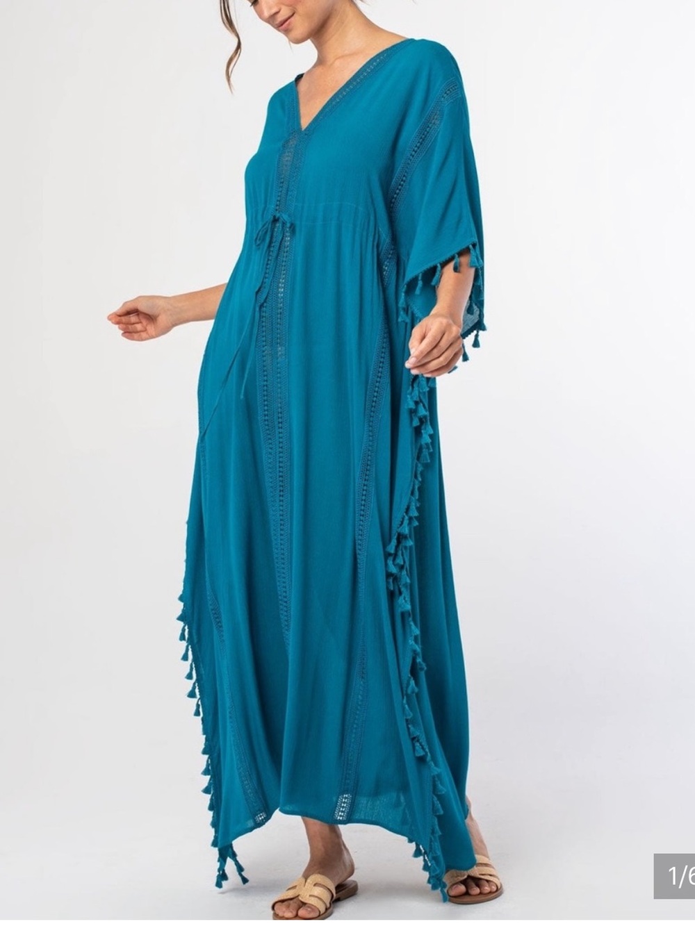 NEW lovestitch Teal Kaftan Blue Tassels Caftan Maxi Dress v-neck - tie waist M/L